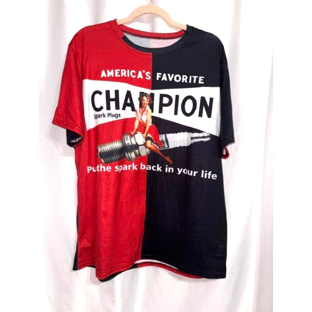 Champion Spark Plugs Black & Red Tee | NHRA Hot Rod Drag Racing 50s Pin Up